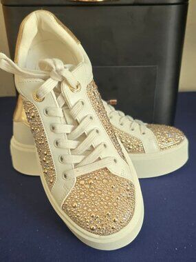 Michael Kors White Gold Rhinestone Sneakers Women Platform Shoes MK Sparkle